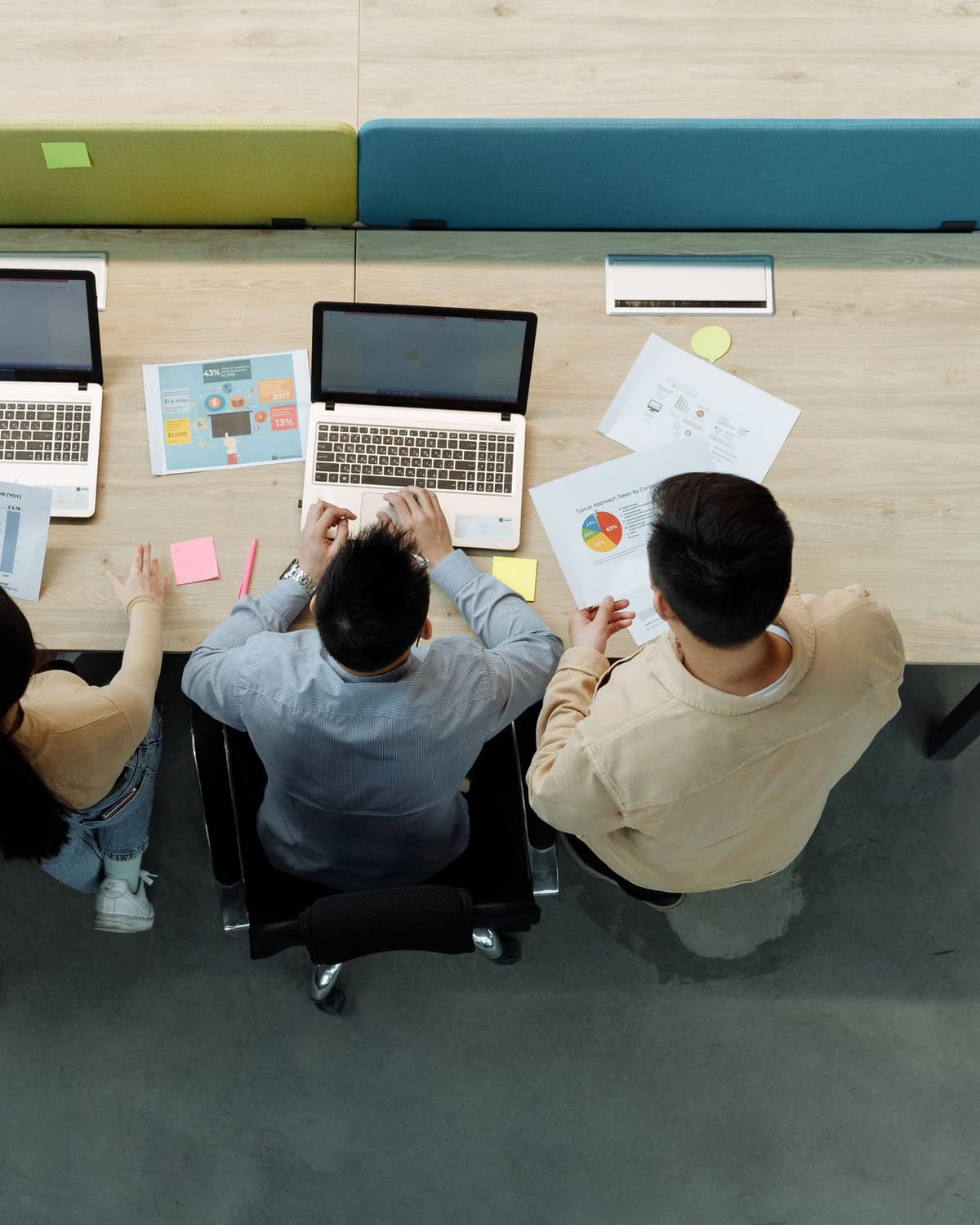 Overhead view of laptops on desks with a distributed team at work